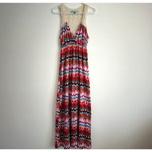 Karlie Crochet Knit V-Neck Maxi Dress Women's Medium Aztec Pink Red Western Boho